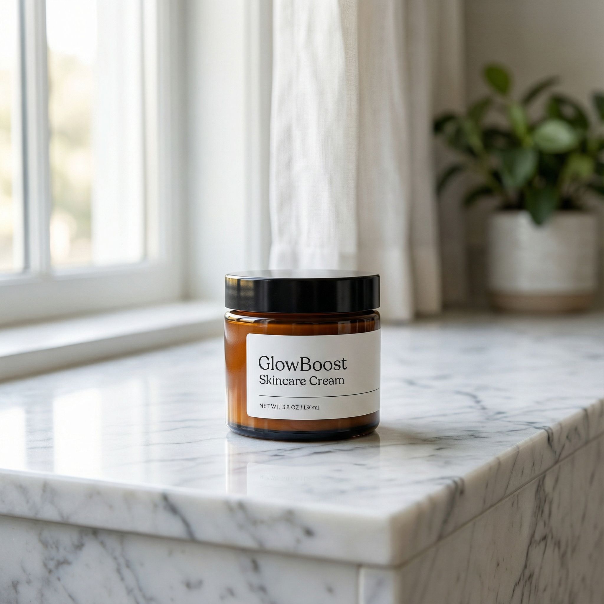 Skincare cream jar on marble countertop with natural window lighting
