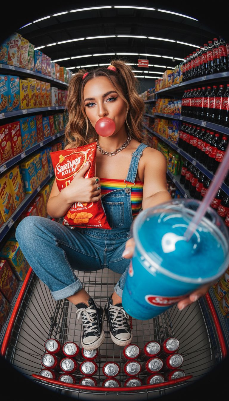 A Y2K style POV fisheye shot of a person in a neon-lit supermarket holding snacks and a drink.